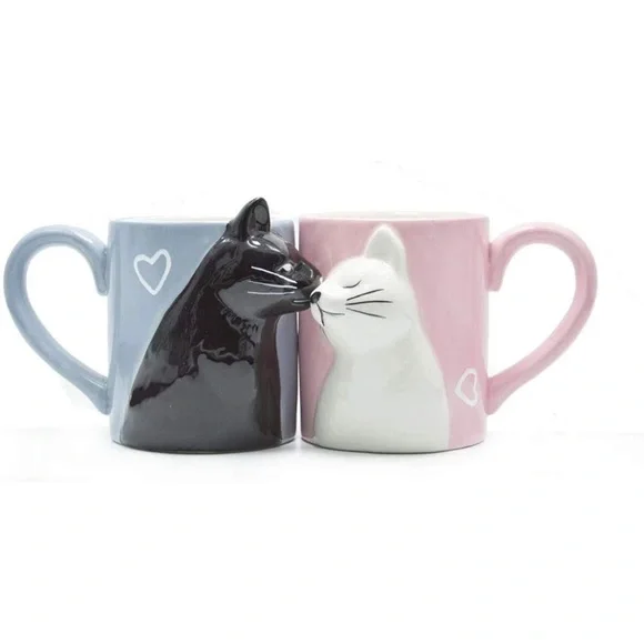 Kiss Cat Coffee Couple Mug Set, Unique Funny Tea Ceramic Cup Set